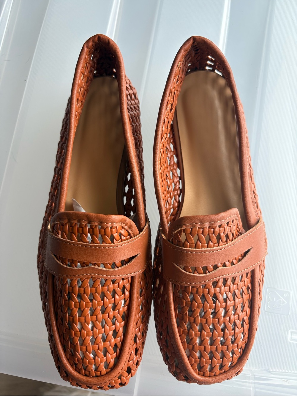 Woven Penny Loafer Flats in Cognac Brown